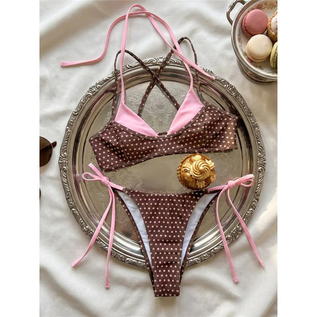 XS - L Sexy Polka Dot Splicing Halter Bikini Women Swimwear Female Swimsuit Two-Pieces Bikini Set Bather Bathing Suit Swim V8208