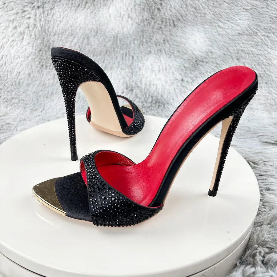 Diamond Black print high heeled slippers for women with thin heels, pointed toes exposed toes soles high heels 12cm sexy sandals