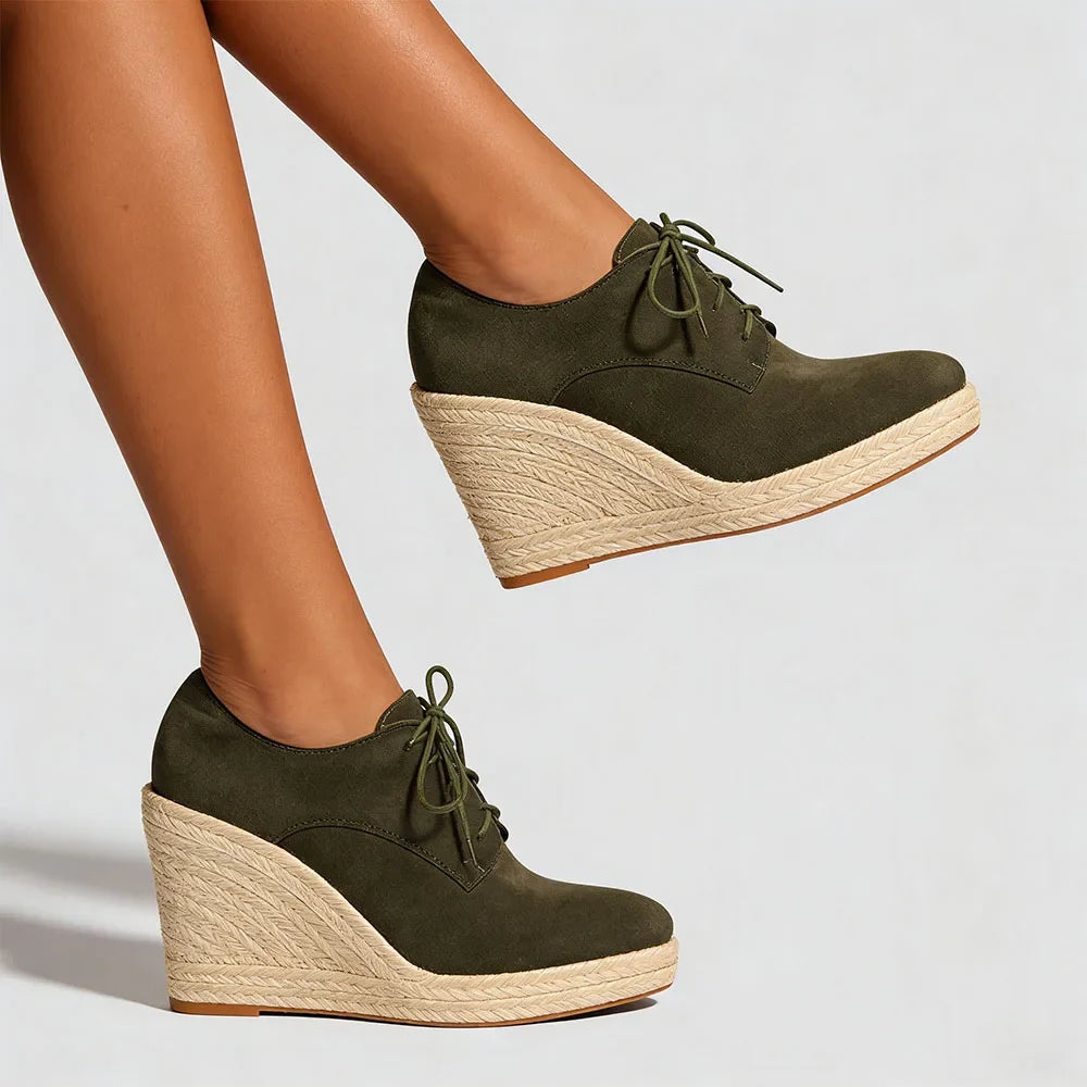 2026 Big Size 43 Vintage Brown Black Pointy Toe Lace-up High Heels Espadrilles Pumps Comfy Walk Office Lady Wedges Shoes Women