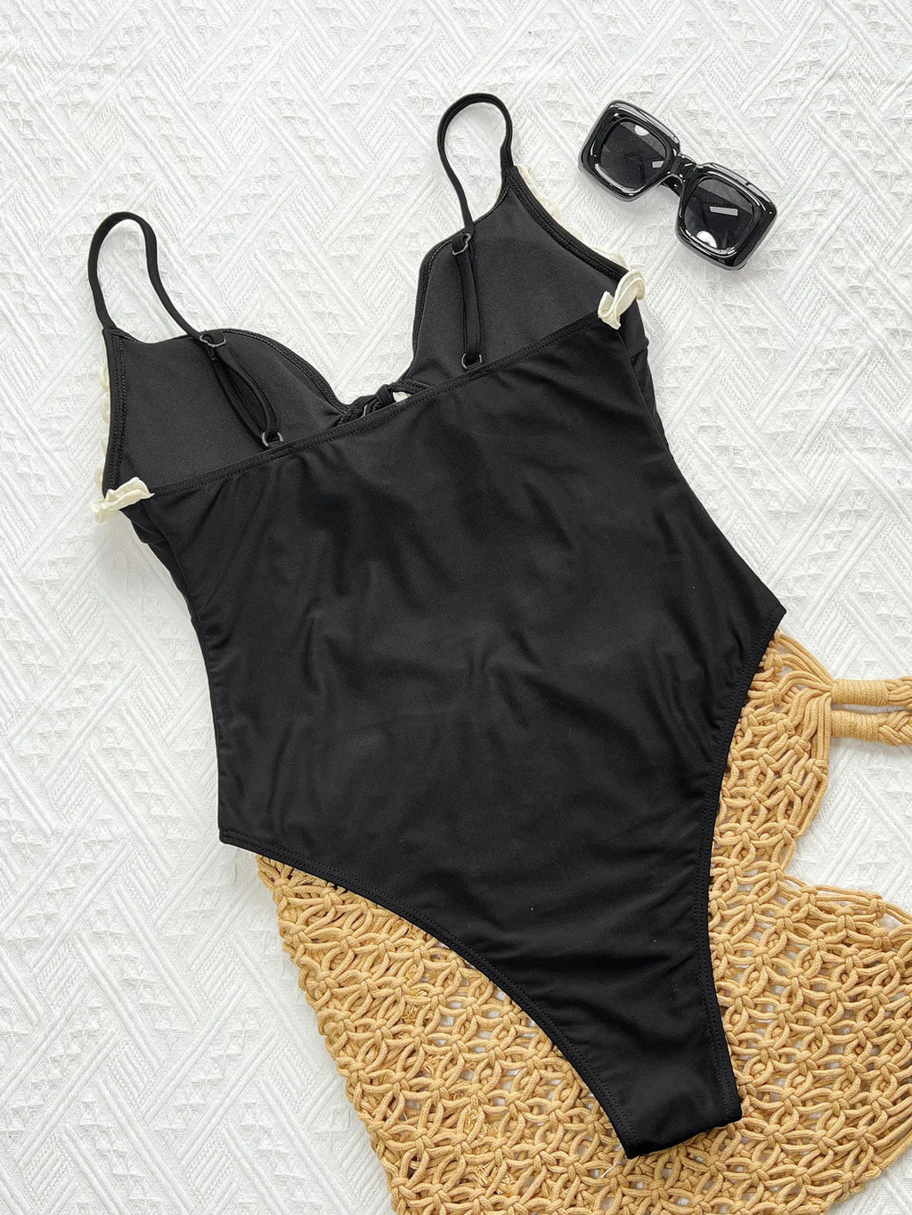 Sexy Black Patchwork One Piece Swimsuit 2026 Women Lace Trim Front Tie Hollow Out Bandage Cross Bathing Suit Holiday Swimwear