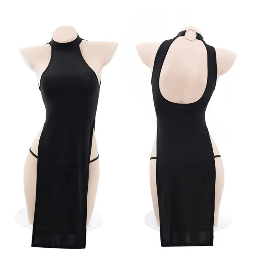 High Slit Cheongsam Uniform Temptation Erotic Nightdress Women Sexy Lingerie Dress+Panties Set Porn Sex Nightie