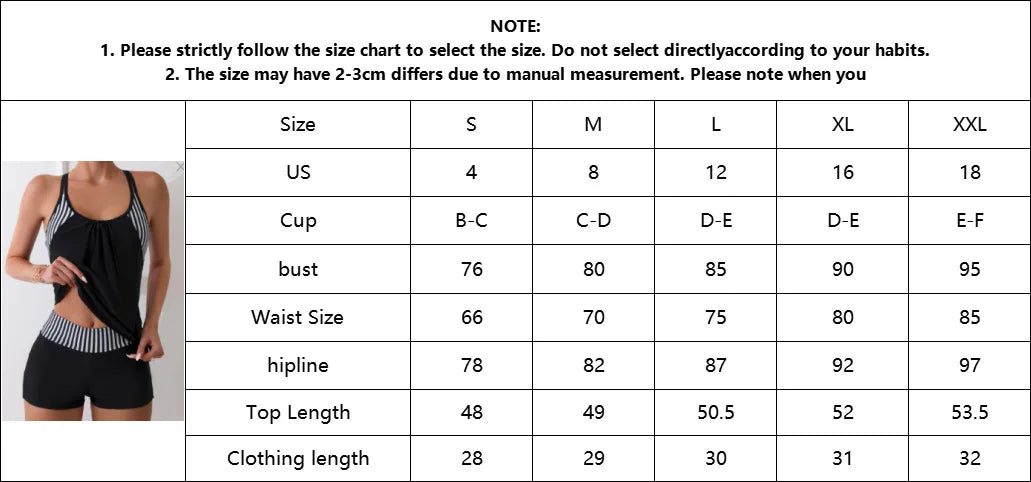 Women's Conservative 2 Piece Swimsuit Black Stripe Print Patchwork Tankini Bikini Set Suspender Cross Backless Bathing Suit 2025