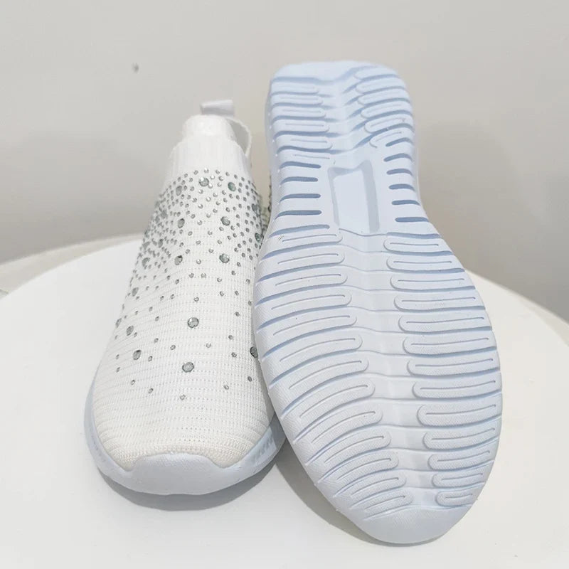 Women's Slip-On Crystal Sneakers 2025 Breathable Mesh Plus Size 35-43 Casual Flats Women Comfort Soft Sole Running Walking Shoes