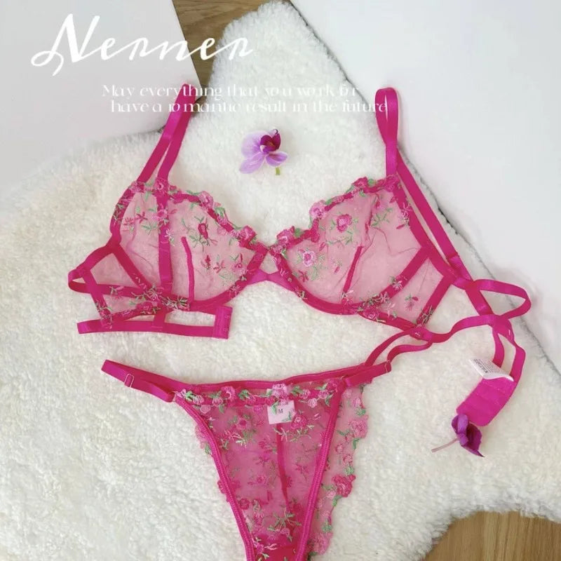 French Floral Bra Set Women | Sweet Sexy Sheer Mesh Lace, Transparent Underwear Set | Practical & Feminine MOYISU Sexy Panty Set