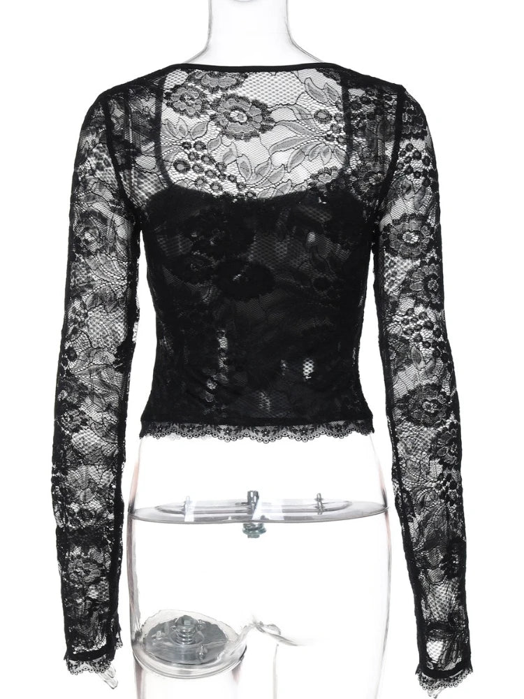 FDYOUI 2026 New Lace Patchwork Long Sleeve T-shirts for Women Square Collar See-through Slim Crop Tops White Black Tee Shirt