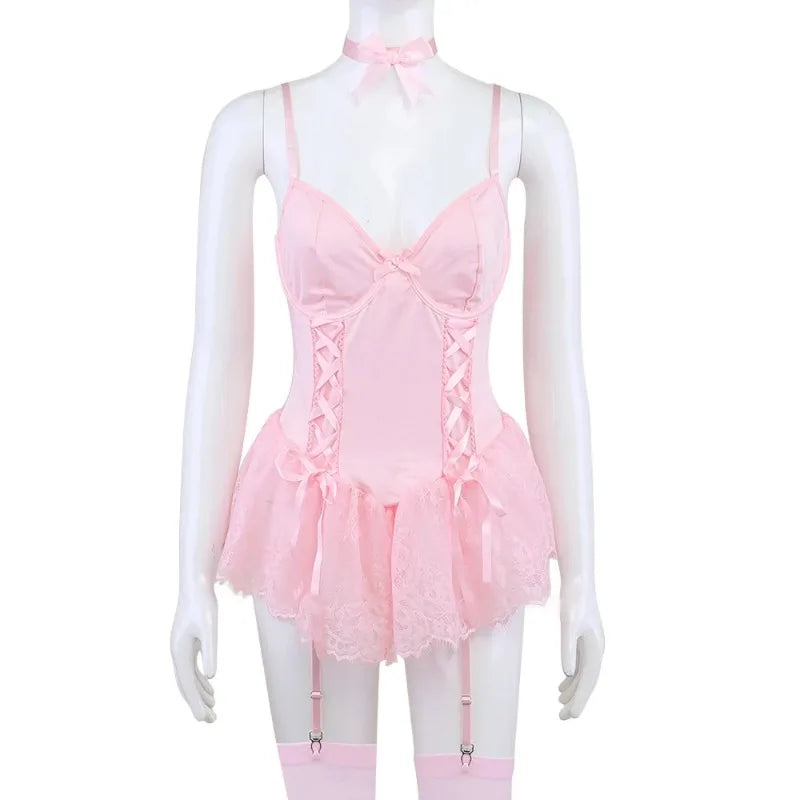 Toucheart Lace Fancy Patchwork Garters Sexy Lingerie Girly Pink Corset Dress Stocking Matching Cute Sexy Uniform Lingerie New