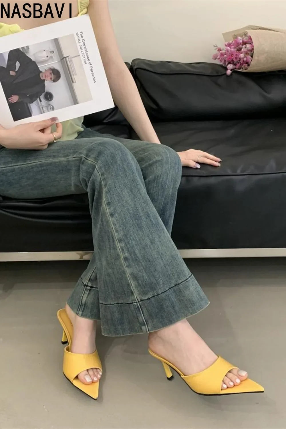 Ladies French Office OL High-heeled Slippers Shoes Fashion Pointed Sexy Women Open Toes Stripper Slides New 2026 Sandals Yellow