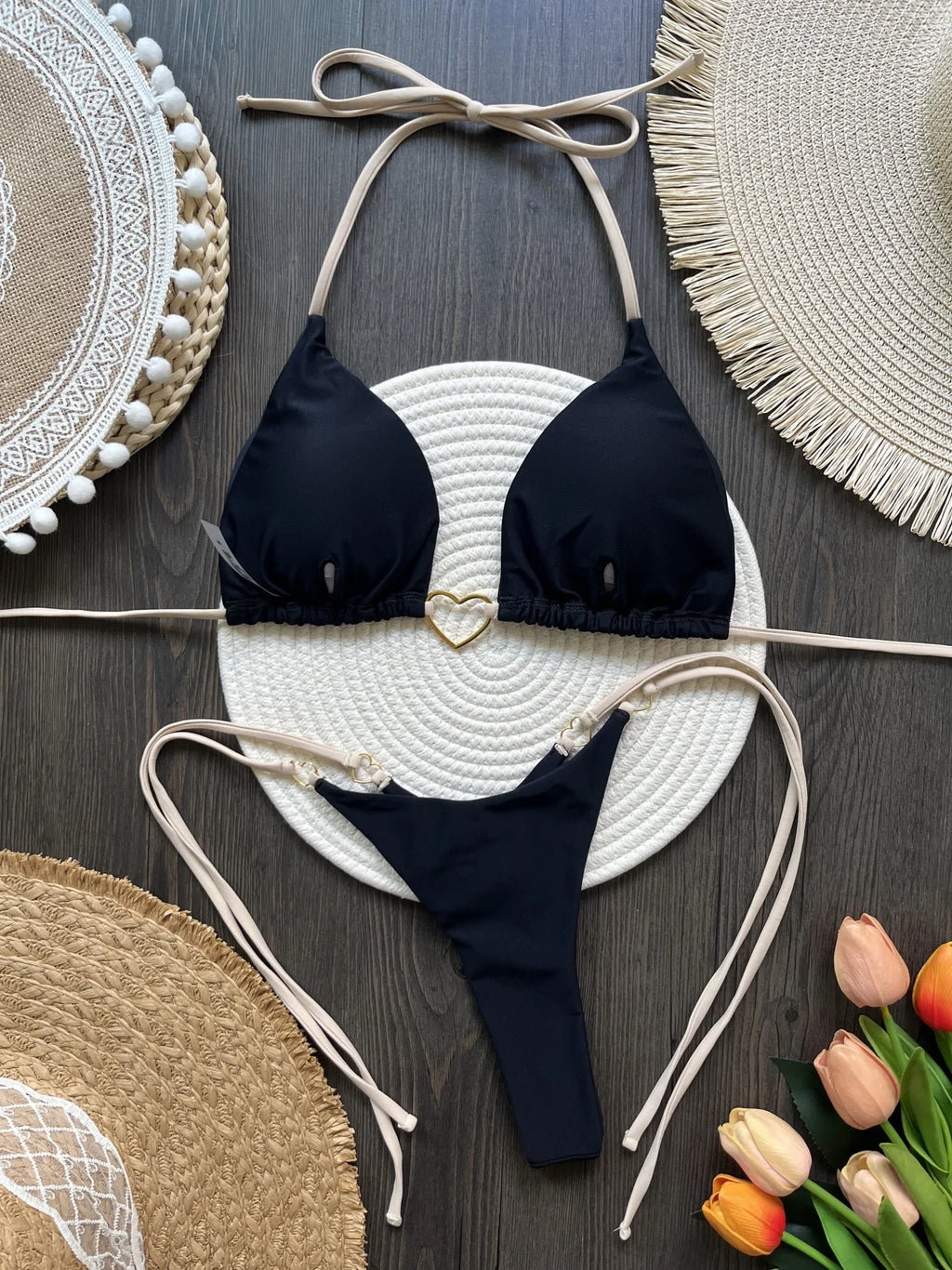 DEKA Metal Micro Bikini Set Lace-up High Waisted Bandage Thong Swimsuit Female Swimwear Women Solid Strappy Beachwear Bathing