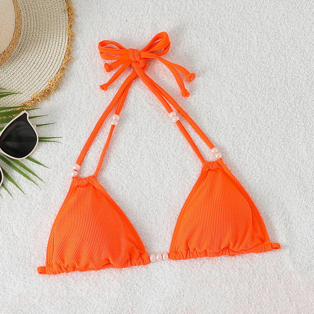 Sexy Orange Bikini 2025 Women Pearls Strap Push Up Drawstring Side Thong Swimsuit Luxury Lace Up Beach Bathing Suit Swimwear