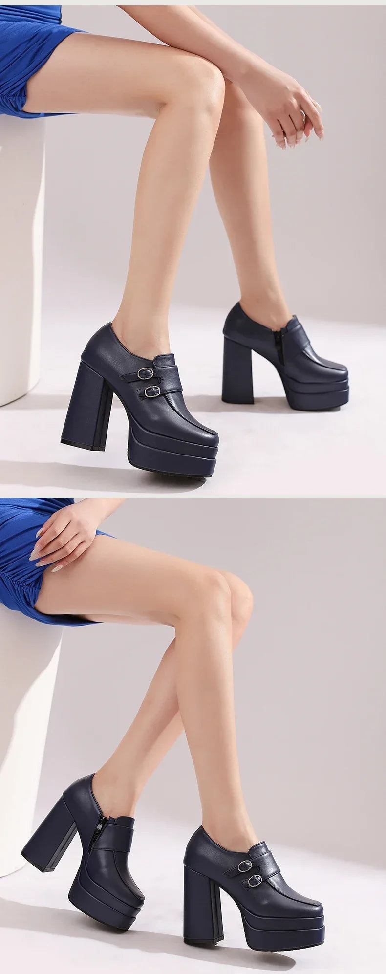 Plus Size Double Row Small Buckle Side Zipper Square Toe Double Layer Platform High Thick Heel Women's Pumps Shallow High Heels