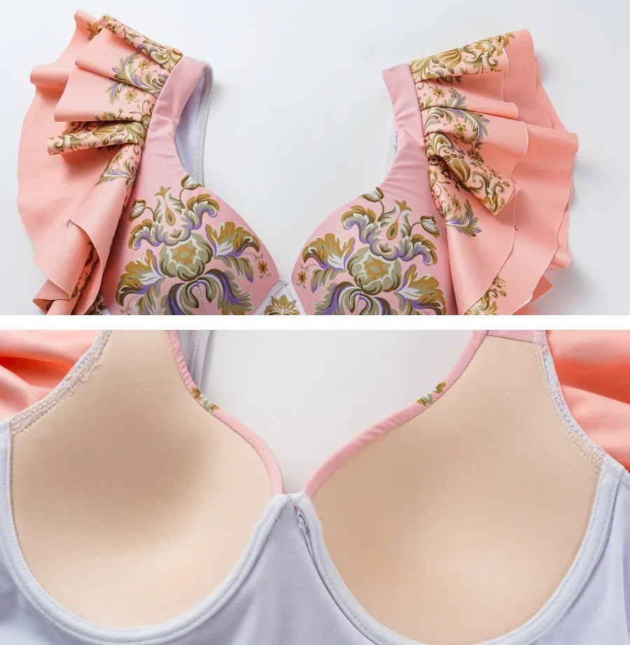 Vintage Pink Floral Print Swimsuit 2024 Ruffle Push Up Skirt Monokini Holiday Bathing Suit Tummy Control Swimwear Surf Wear
