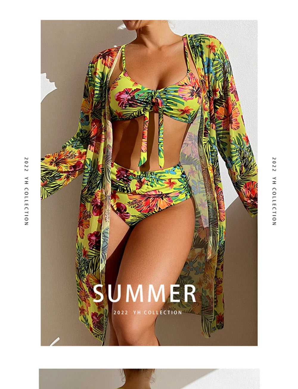 Sexy High Waisted Bikini 3 Pieces Floral Printed Swimsuit Size 3XL-S Women Bikini Set With Mesh Long-Sleeved Blouse Super Sales