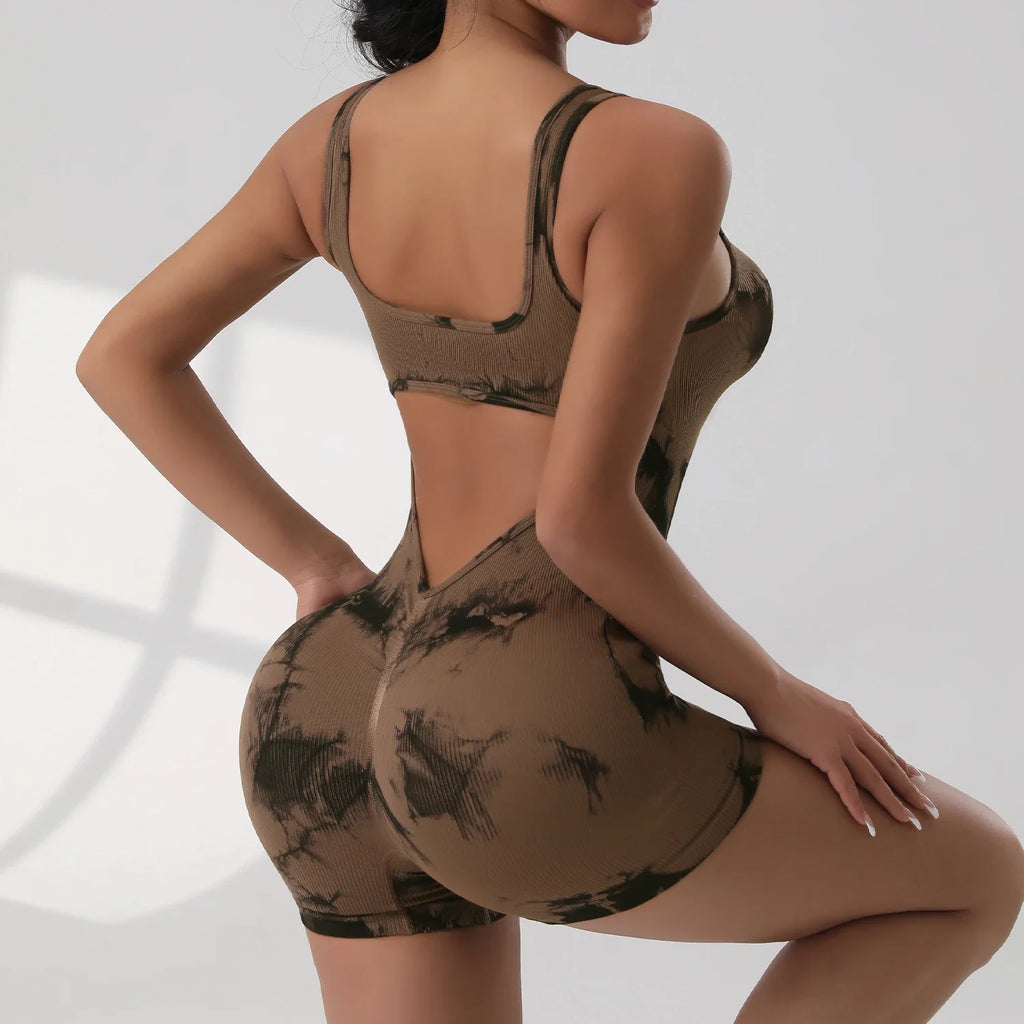 Women's Solid Colour Threaded Backless Yoga Suit U Neck Sleeveless Sports Jumpsuit Stretch Women Bodysuit Without Bust Pads