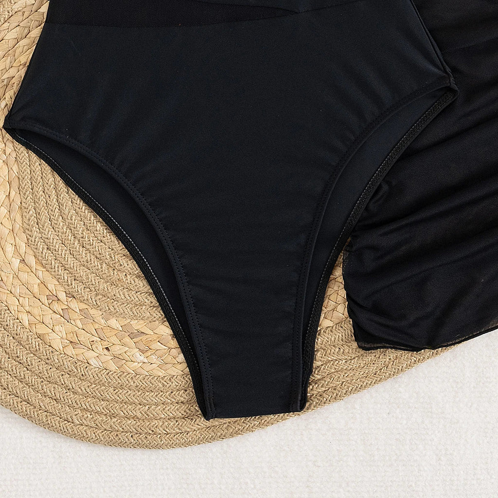 Vintage Black One Piece Swimsuit Skirt Sets Women Sexy One Shoulder Mesh Patchwork Slim Fit Tswimwear 2025 Beach Bathing Suits