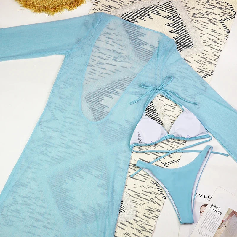 Sexy Solid 3 Piece Micro Bikinis Women Swimsuit 2025 New Swimwear With Long Sleeve Bathing Suit Beachwear Biquini Female