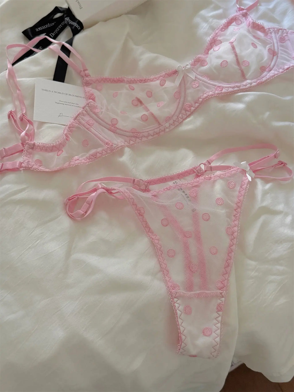French Retro Lace Bra & Thong Set | Sexy Polka Dot Sheer Mesh Lingerie for Plus Size Big Bust, Ultra Thin MOYISU Panty TUSHY Set