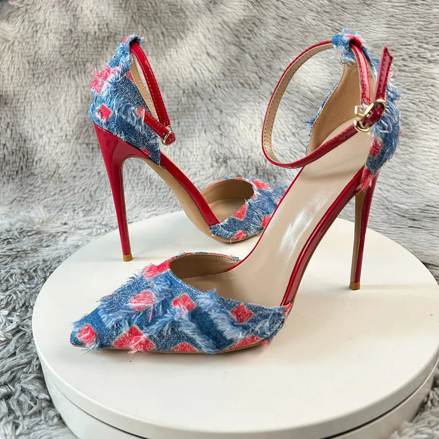 New Denim Fashion Denim color blocking  Sandals High Gladiator Heels Ladies Office Shoes  Plus Big Size45-46 12cm slim heel