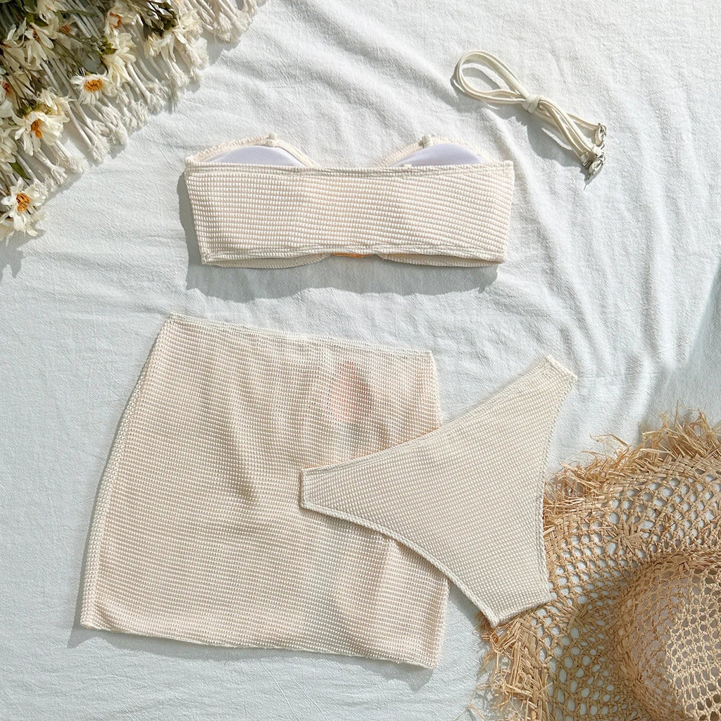 With Skirt Wrinkled Bandeau Bikini Female Swimsuit Women Swimwear Three-pieces Bikini Set Metal Ring Bathing Suit Swim Beachwear