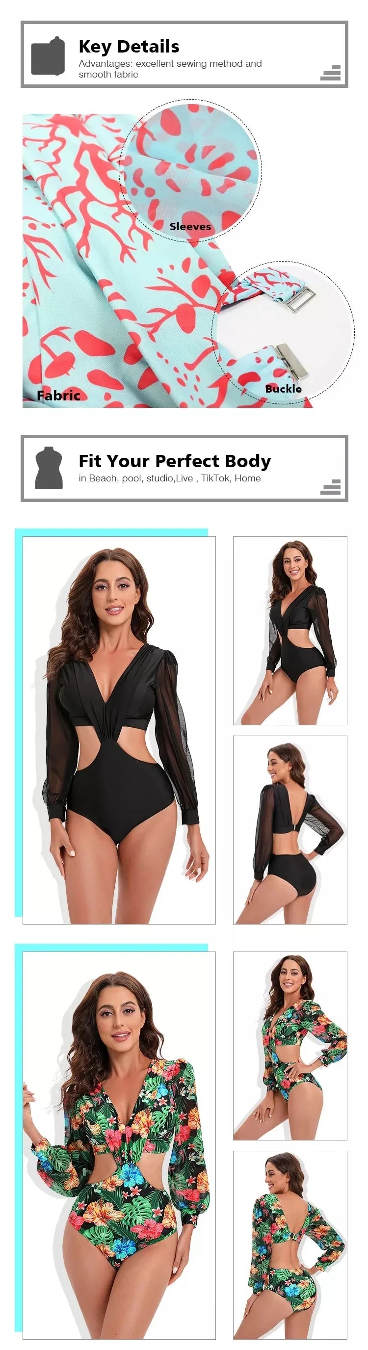 TW Sexy High Waist One Piece Swimsuit Women V Neck 2024 Long Sleeve Bathing Suit Brazilian Swimwear Monokini Summer Beachwear