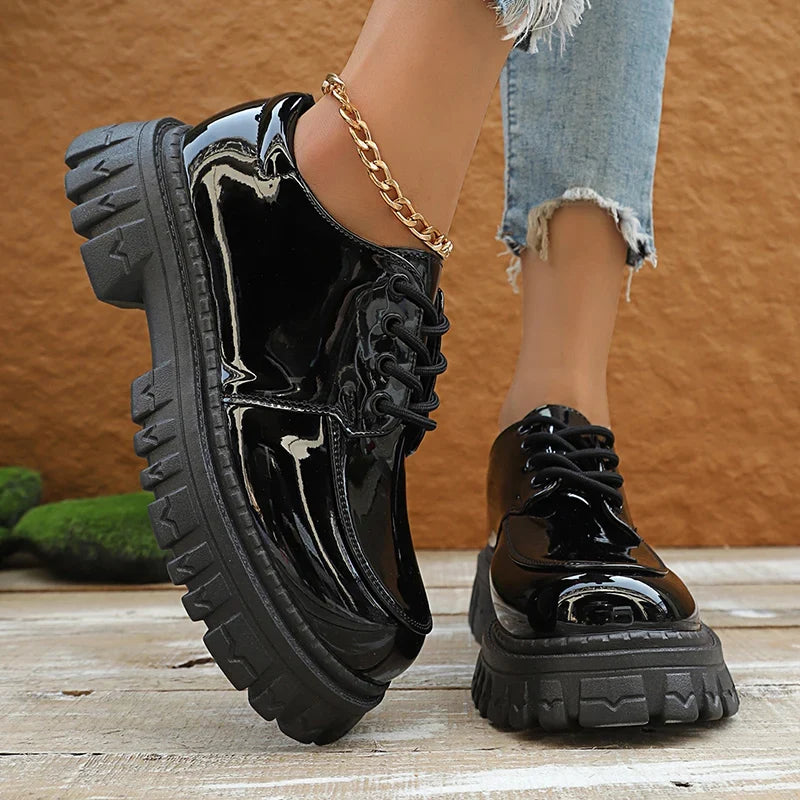 Black Patent Leather Platform Loafers Women 2025 Autumn Thick Bottom Pu Leather Shoes Woman Plus Size Lace Up Student Shoes 42