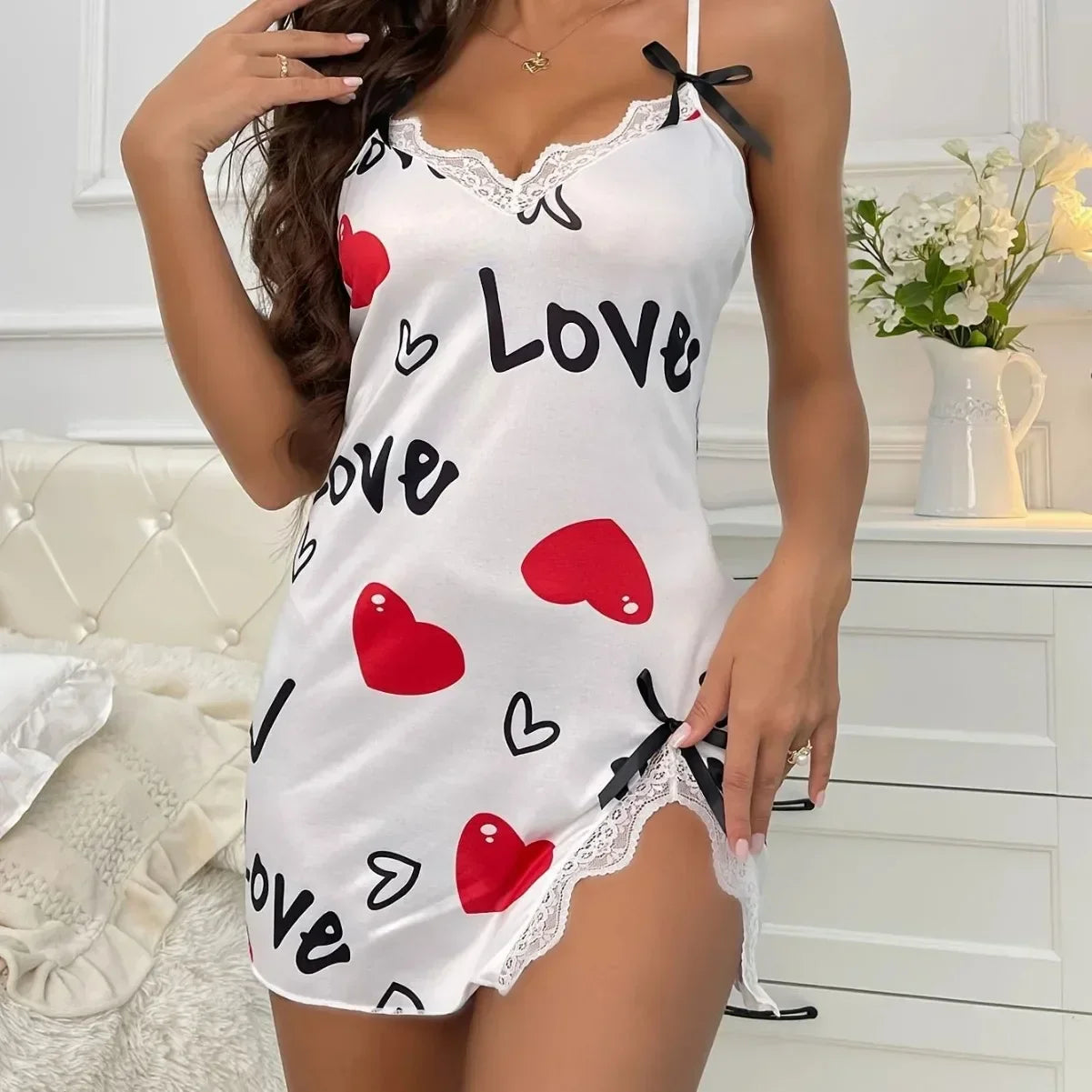 Summer Sleepwear Women Nightgown Sexy Lingerie Love Printed Halter Backless Mini Dress Casual Pajamas Sleepshirts Nighties