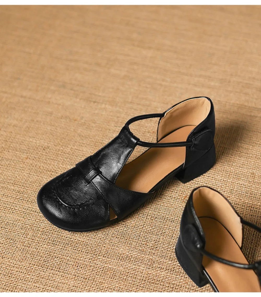 French Slip-on Single Shoes Retro British Shoes for Women Brown T-Strap Shallow Flat Sandals Soft Leather Rome  Summer New 32-43