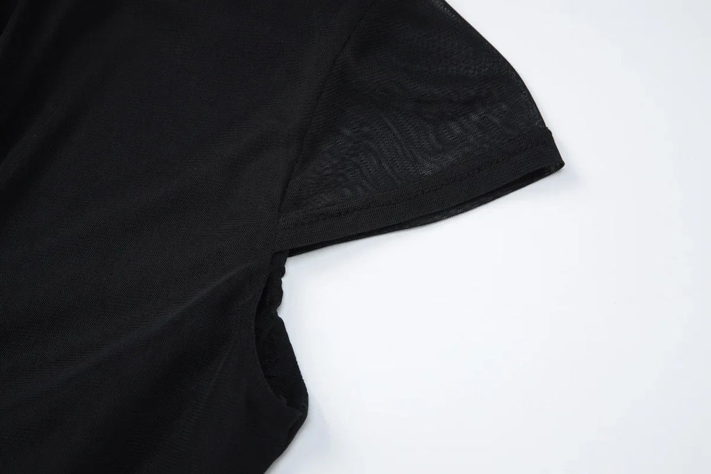 Women Sexy Hollow Out Mesh T-shirts 2026 Summer Bandage Short Sleeve Black Corset Girls Slim Crop Tops T Shirt Party Streetwear