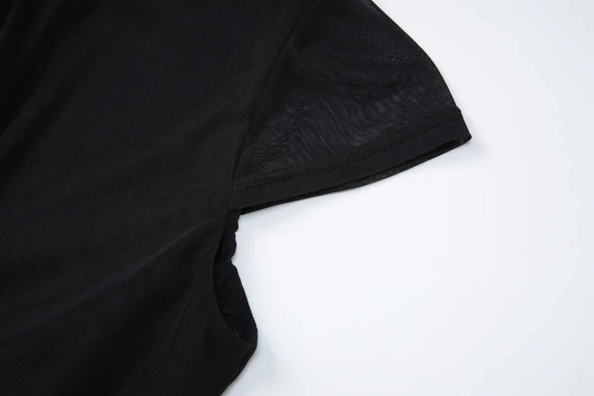 Women Sexy Hollow Out Mesh T-shirts 2026 Summer Bandage Short Sleeve Black Corset Girls Slim Crop Tops T Shirt Party Streetwear