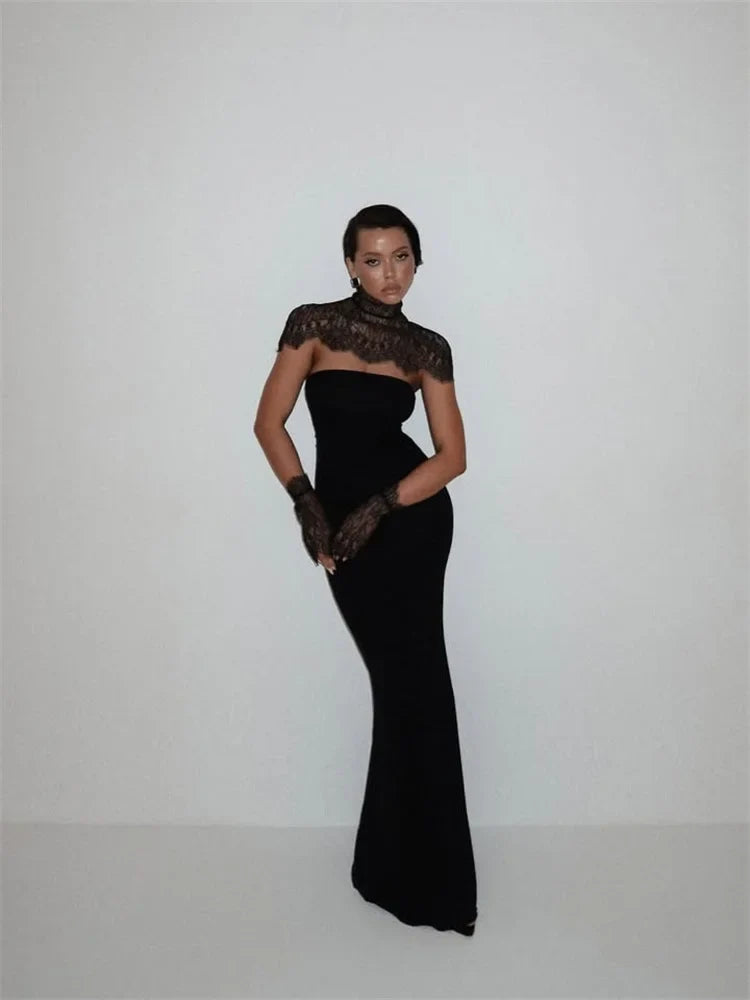 Ahagaga Sexy Women's Maxi Dresses With Lace Shawl Solid Strapless Sheath Slim Fit Fashion Gloves Summer Female Party Vestidos