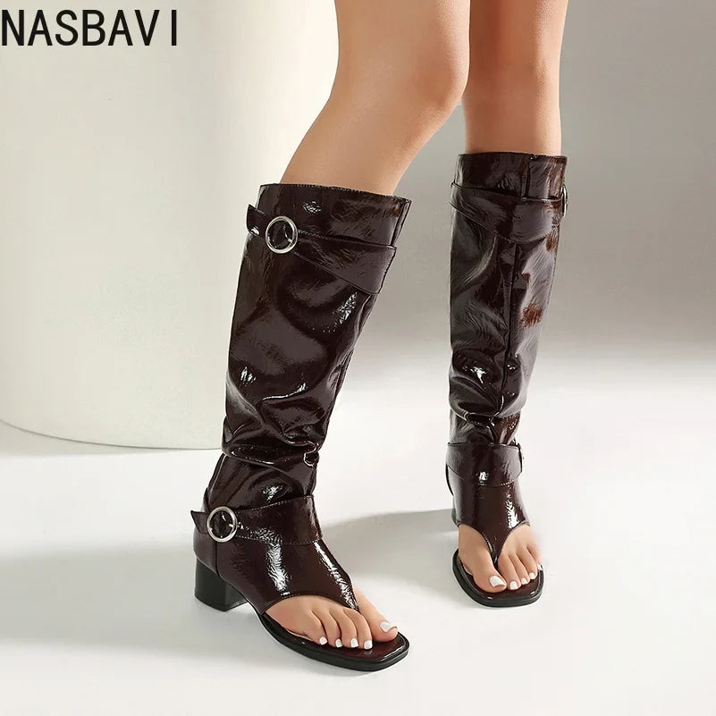 Plus Size Women Open Toe Thong Knee High Boots Metal Buckle Ruched Mid Block Heel Tall Sandal Boots Fashion Streetwear Long Boot
