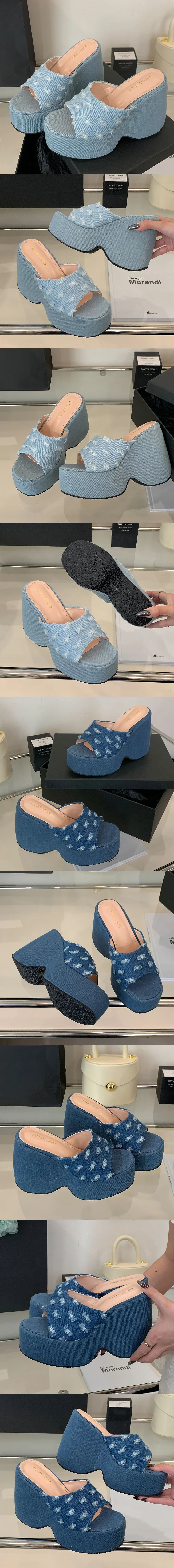 2025 Vintge Denim Blue Summer Chunky Platform Sandals Women Slides Chunky High Heels Wedges Shoes Mules Outdoor Slipper