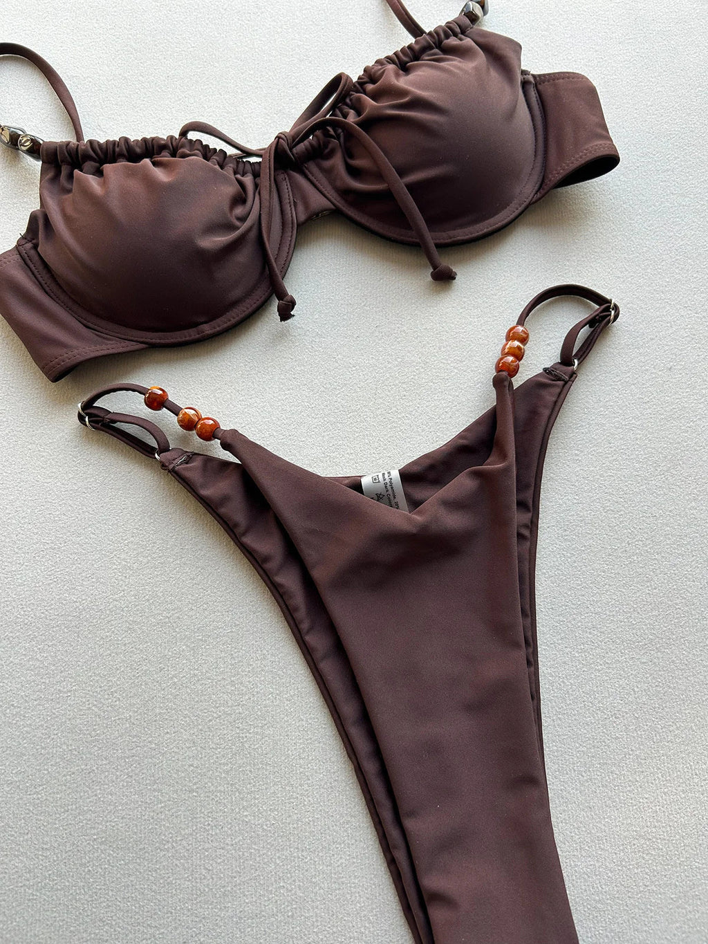 Sexy Coffee Bikini Set Women Front Tie Pleate Push Up Underwire Bra Beaded String Thong Swimsuit 2026 Bathing Suit Pool Swimwear