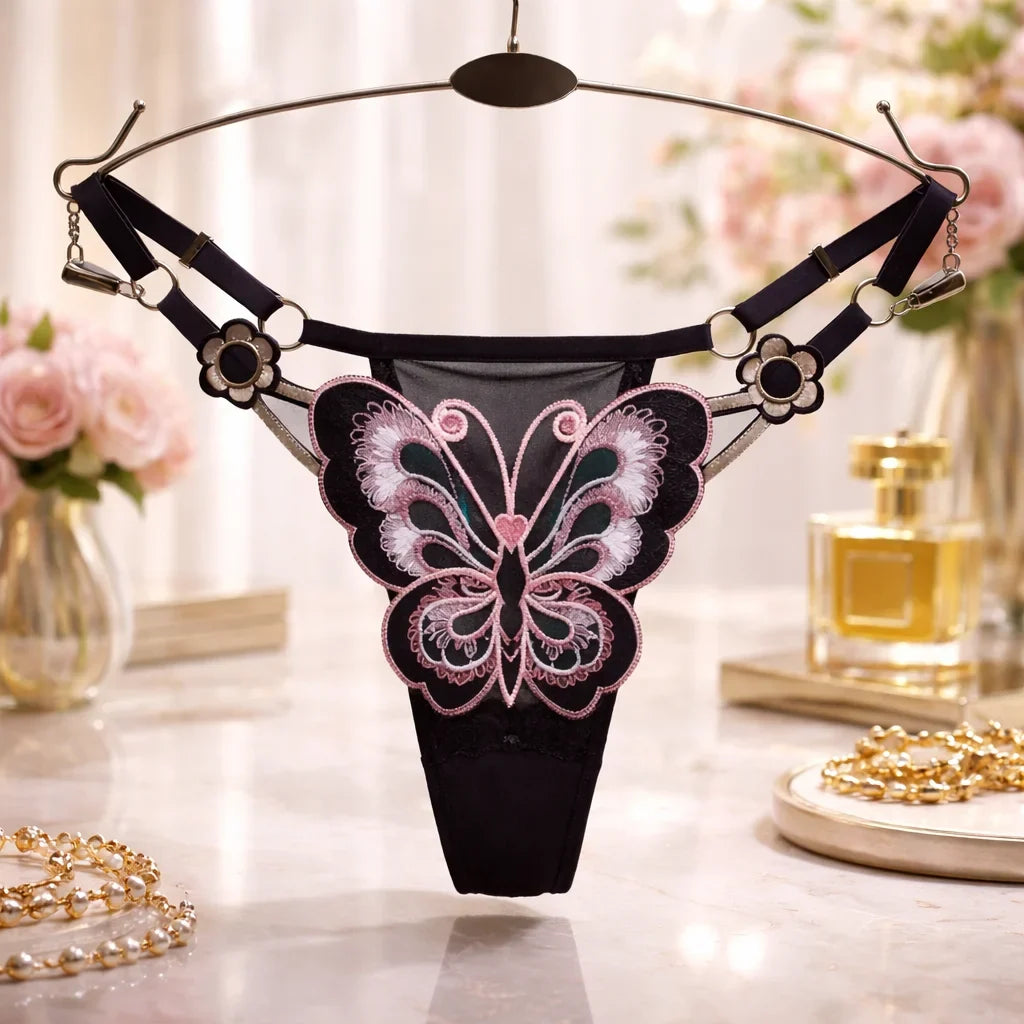 Butterfly Lace Thong for Women Low Waist G-String Transparent Mesh Panties Sexy Embroidered Briefs Adjustable Waist Culotte Femm