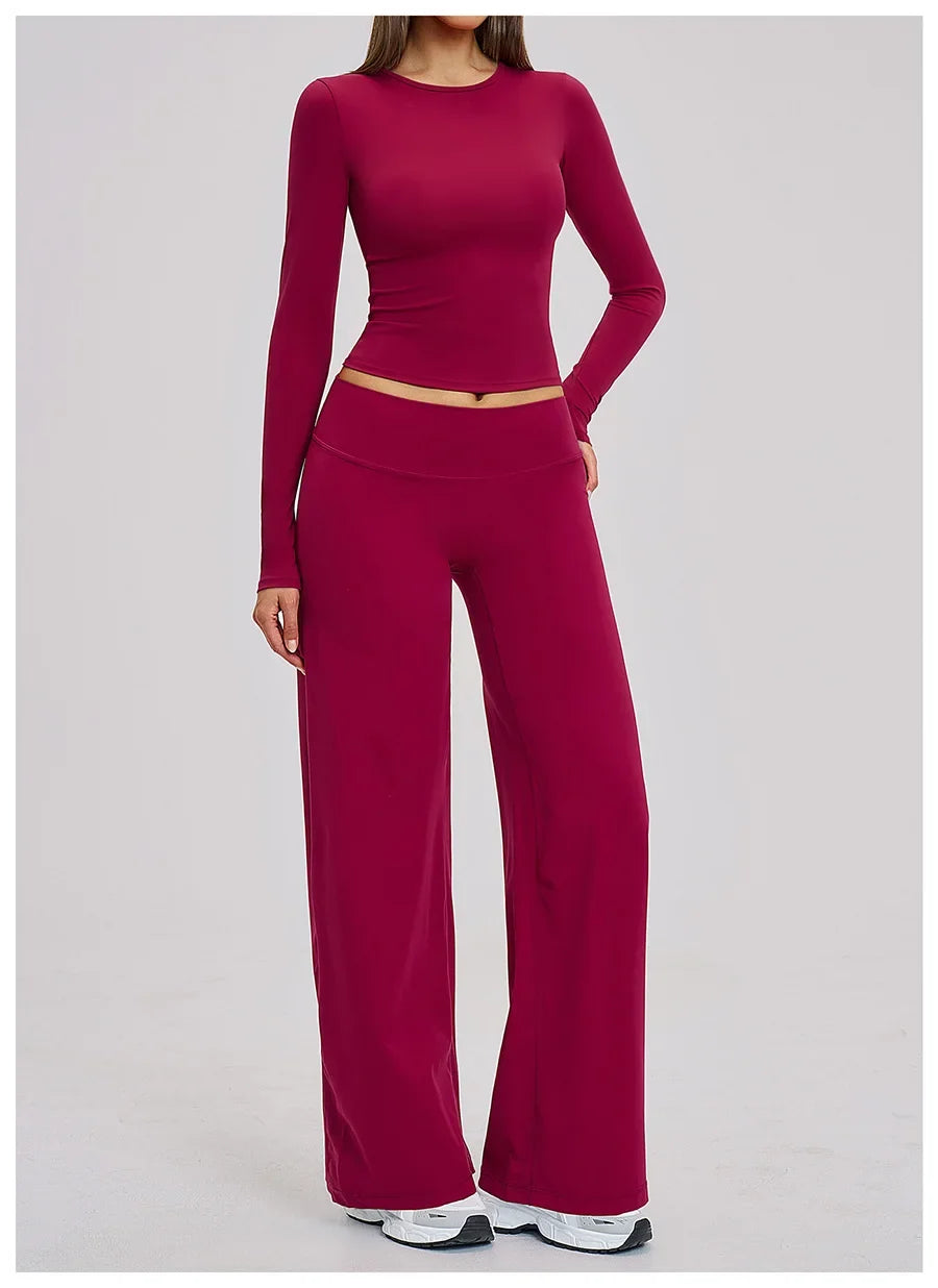 Yoga Set 2 Pieces Women Fitness Sportswear Gym Loose wide-leg pants Long-sleeved T-shirt Sports Crop Tops Tracksuit Workout Wear