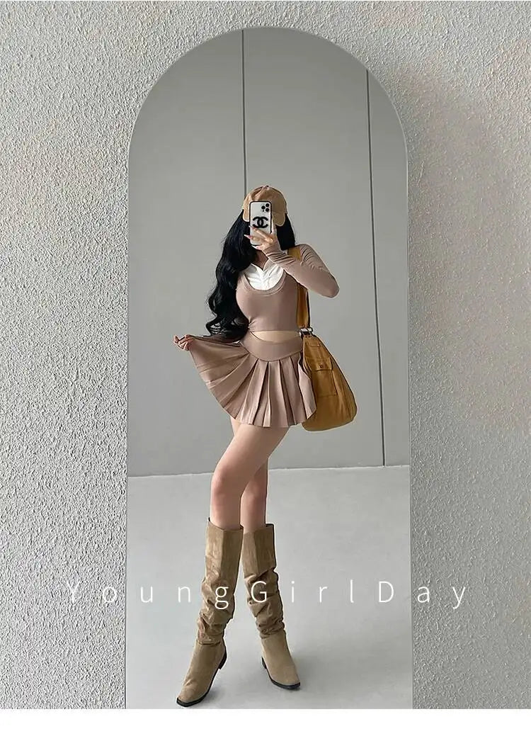 WOMENGAGA Fahsion Women Skorts Spicy Girl Sexy High Waist SlimA-LINE Pleated Skirt Half Body Short Skirt Sweet Korean Style 8NDZ