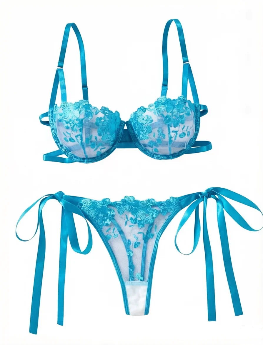 Conjunto de lencería con bordado Floral para mujer, sujetador transparente y ropa interior breve, ropa interior íntima Sexy de s