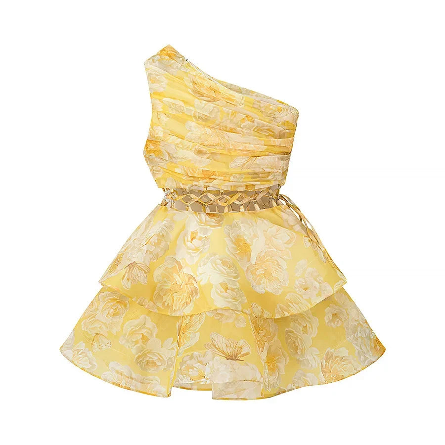 Women's Sexy One-Shoulder Waist-Cinching Dress Pure Desire Yellow Floral Print Ruffled Mini Dress Party Dress For Women NRR0