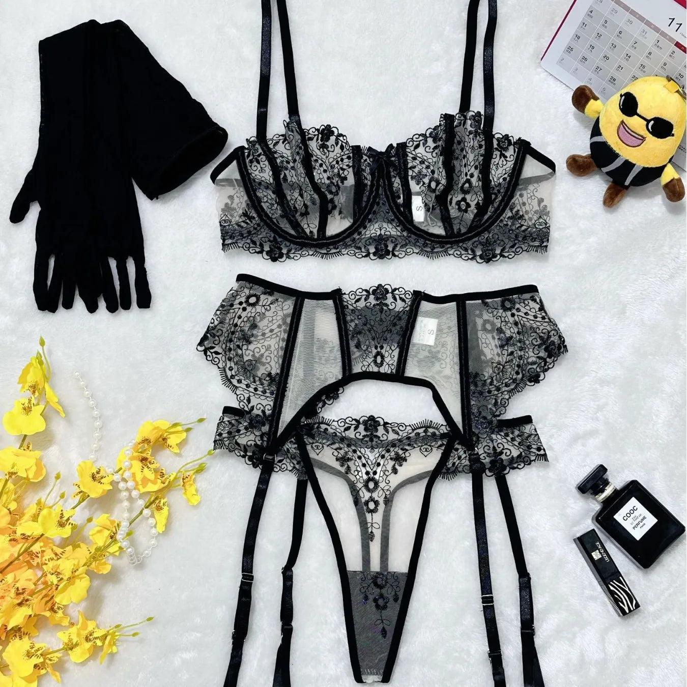 Women's New Floral Embroidered See-Through Mesh Lingerie 4-Piece Set - Sexy Underwear for Special Nights