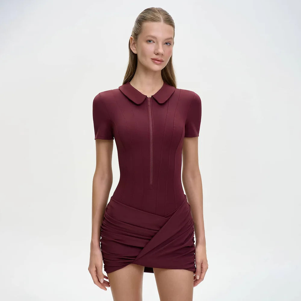 FDYOUI Women's Polo Collar Zip-up Jumpsuit Dress Chic Short Sleeve Folds Solid Bodysuits One Piece Yoga Fitness Sporty Playsuits