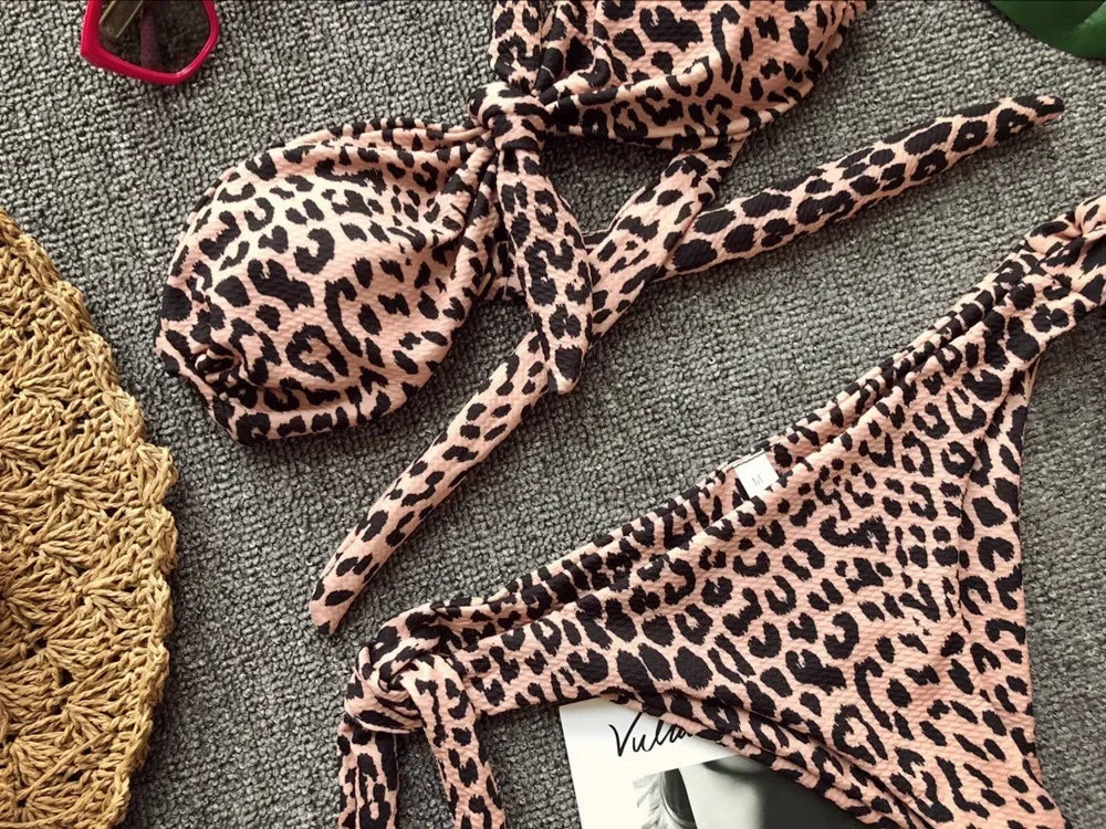 Leopard Knotted Polka Dot Bikini 2025 Women Strapless Bandeau Swimsuit Female Swimwear Two Pieces Bikini Set Bathing Suit Swim