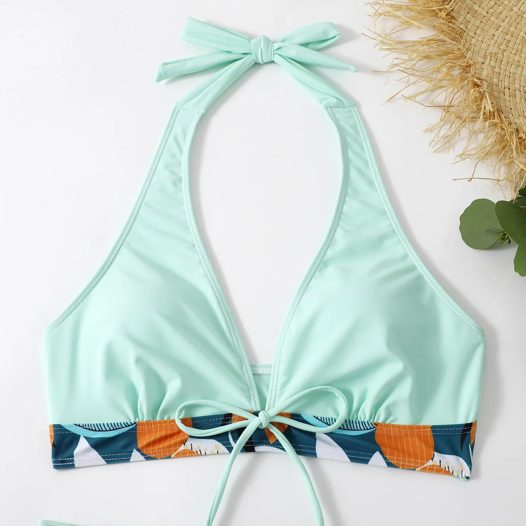 2026 Summer Women's Print Patchwork Swimsuit Sexy Deep V Neck Back Lace-up Swimwear High Waist Shorts Tankini Bathing Suit Beach