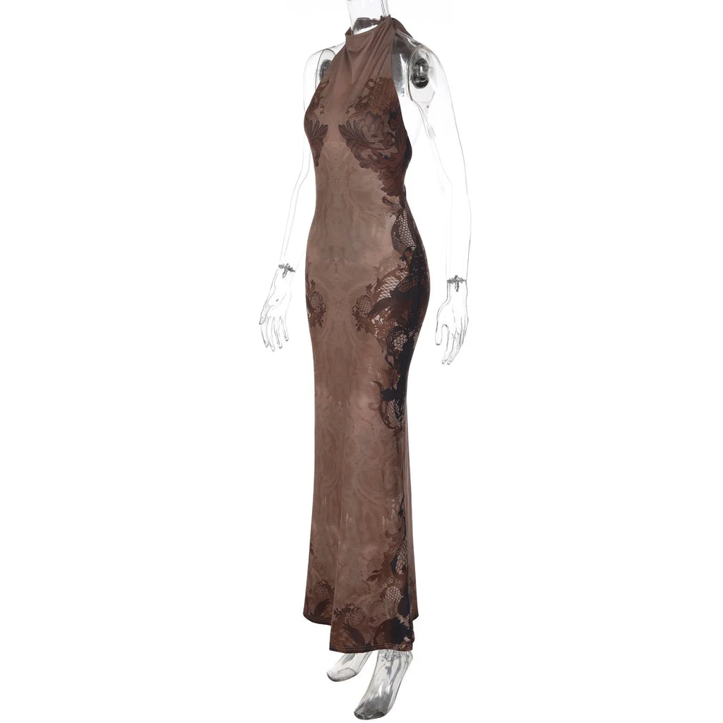 FDYOUI Women Vintage Halter Printed Long Party Club Dresses 2026 Summer Ladies Sexy Backless Lace-up Bodycon Evening Prom Dress