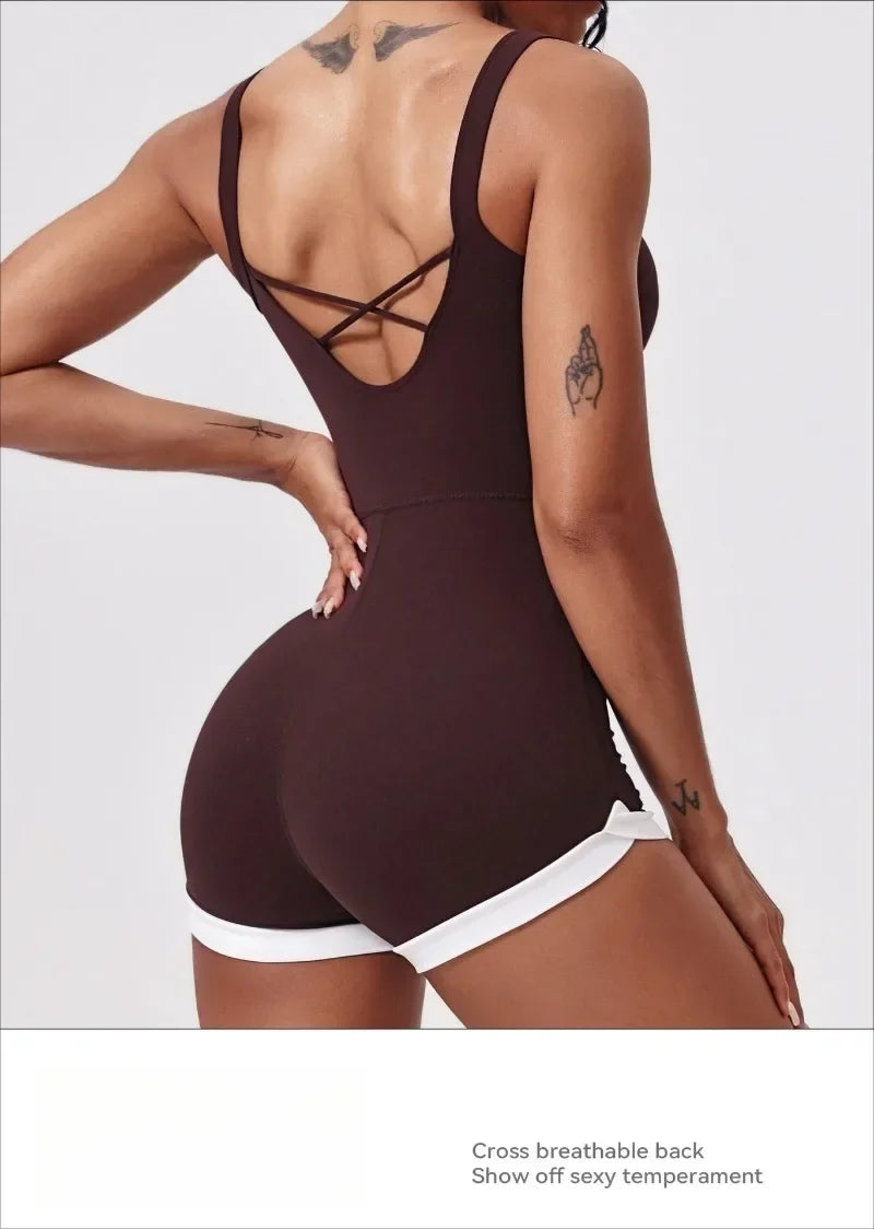 Women's Seamless Yoga Jumpsuit - Quick-Dry Color Block Naked Feel Bodysuit & Cut-Out Backless Straps for Running Fitness Workout