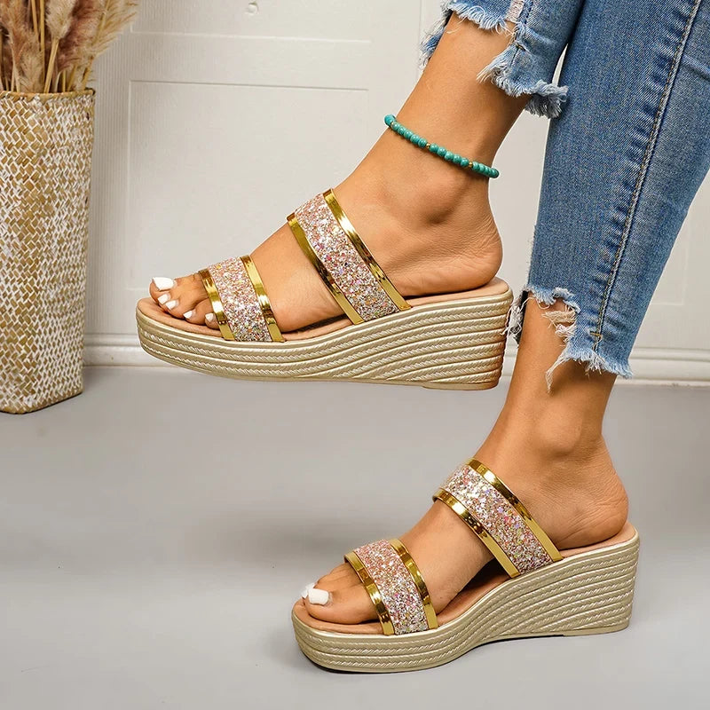 Shiny Sequin Wedge High Heels Sandals Women Plus Size Gold Chunky Platform Slippers Woman Lightweight Thick Sole Summer Sandles