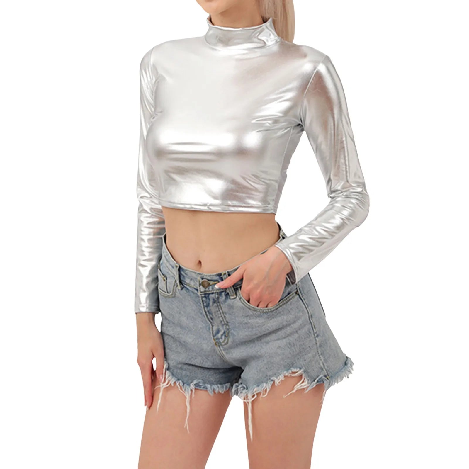 Women Metallic Long Sleeve Crop Tops Shiny Stretch Mock Neck T Shirt Dance Clubwear Ladies Slim Fit Blouses Gold Silver Costumes