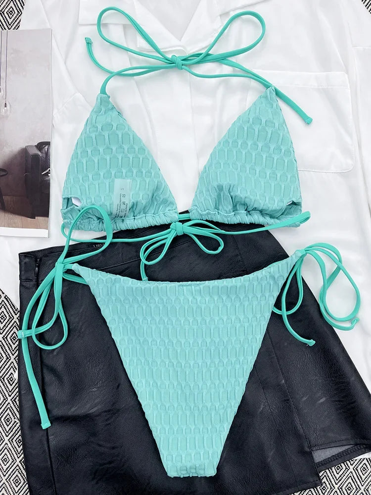 Halter Wrinkled Mini Micro Bikini Women Swimwear Female Swimsuit Two-pieces Bikini Set Brazilian Bather Bathing Suit Swim Lady