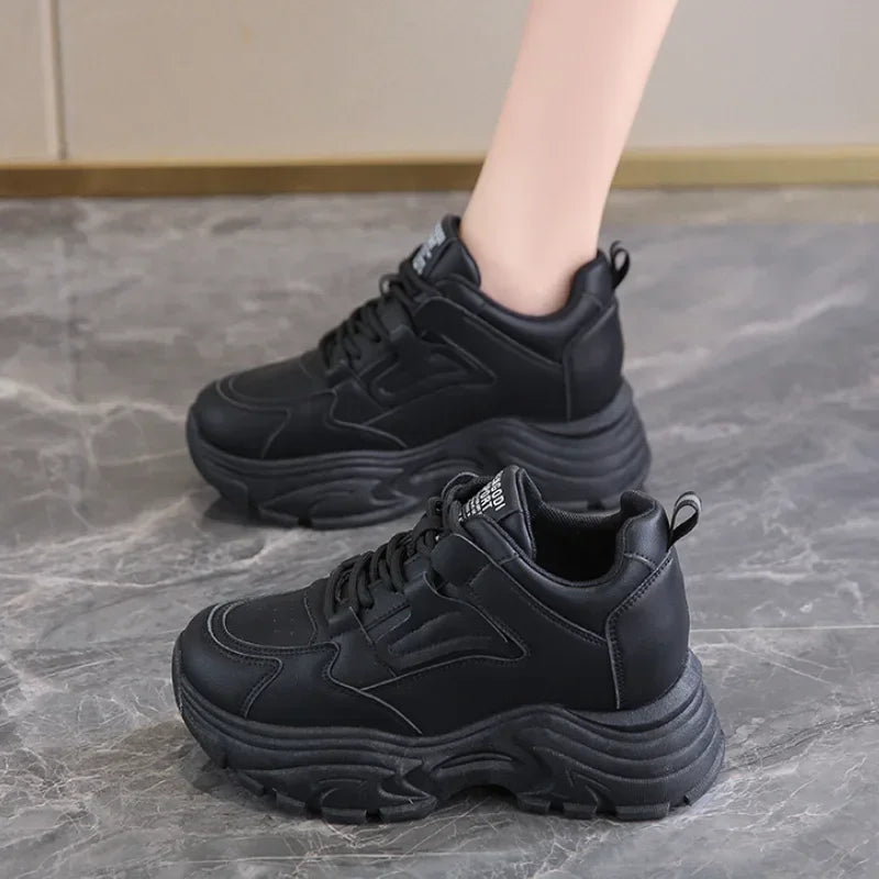 White Platform Women's Sneakers 2025 Autumn Lace-Up Thick Bottom Sports Shoes Woman Pu Leather Breathable Walking Shoes Female