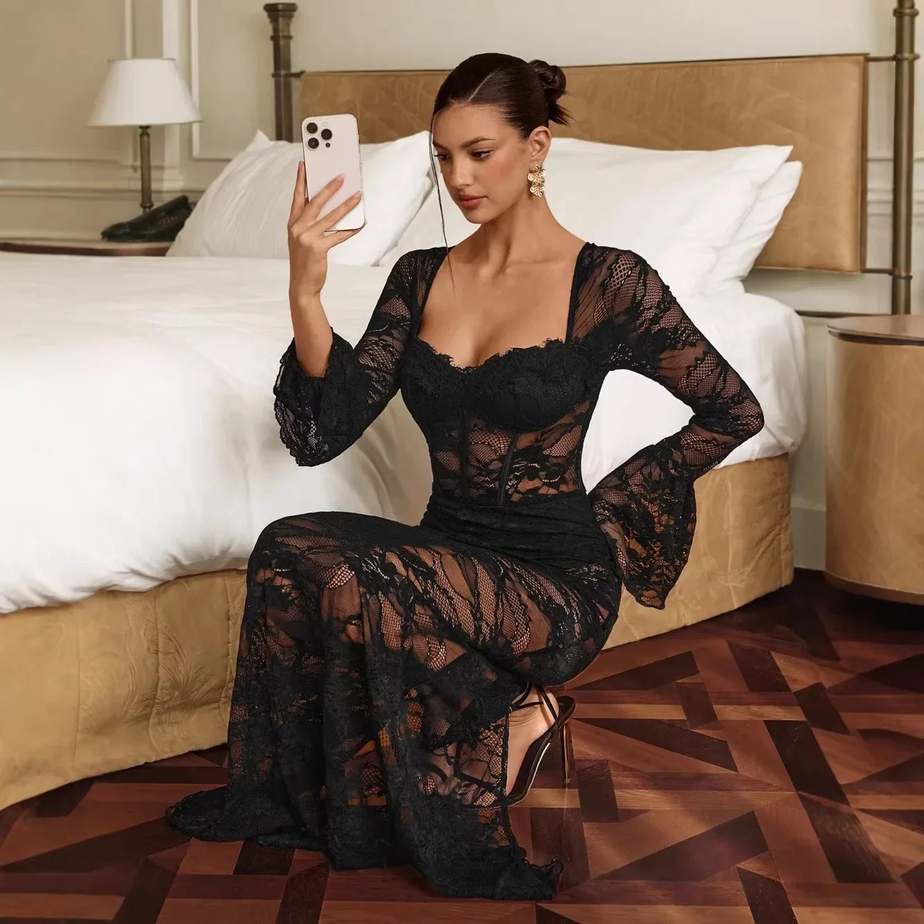 Sexy see-through lace jumpsuit fishbone tight long-sleeved black hottie dress