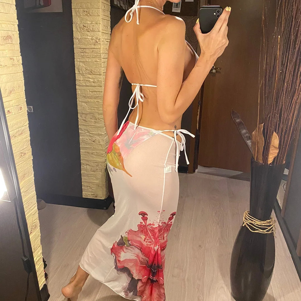 10 Color Flowers Halter Bikini Female Swimsuit Women Swimwear Three-pieces Bikini set With Skirt Bather Bathing Suit Swim V6637C