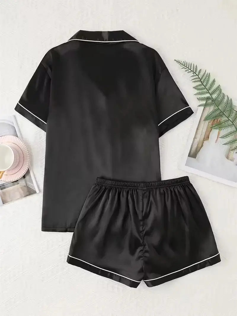 Summer Silk Satin Pajamas Set Womens Short Sleeve Turn-down Collar Button Top & Shorts Sleepwear Loungewear Nightwear